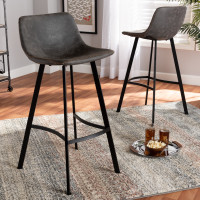 Baxton Studio T-18209-Greyish Brown/Black-BS Tani Rustic Industrial Grey and Brown Faux Leather Upholstered Black Finished 2-Piece Metal Bar Stool Set